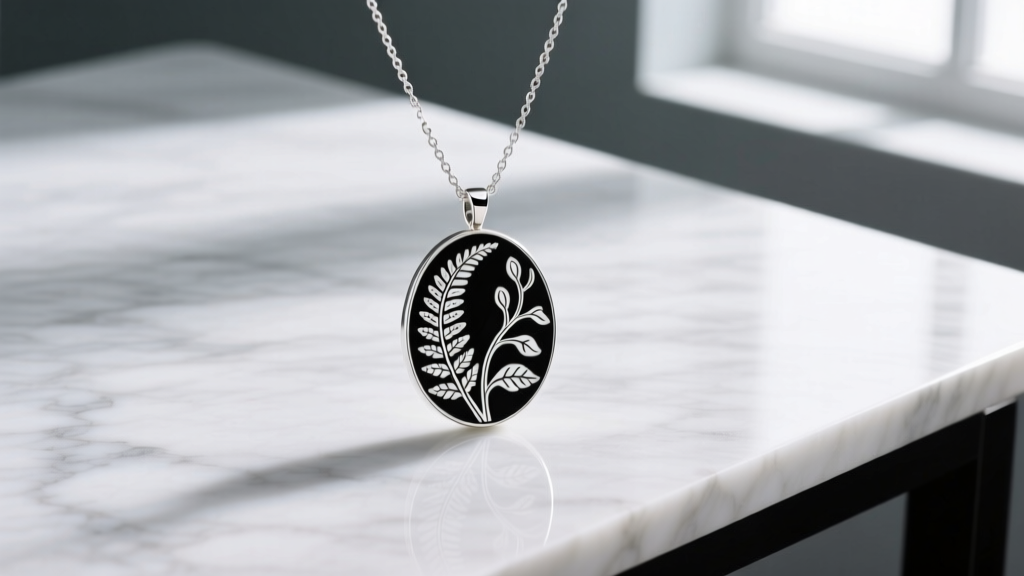 Sterling silver necklace with black-and-white line-art enamel pendant shaped like a botanical coloring page on a marble desk.