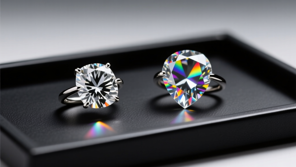 Natural diamond and moissanite comparison showing dispersion under halogen lighting on a jeweler's dark slate workbench