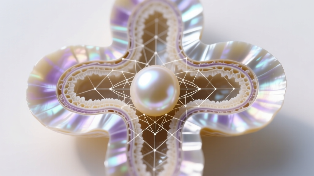 Digital wireframe overlay on a pearl cross-section, showing concentric layers of aragonite platelets and conchiolin protein.
