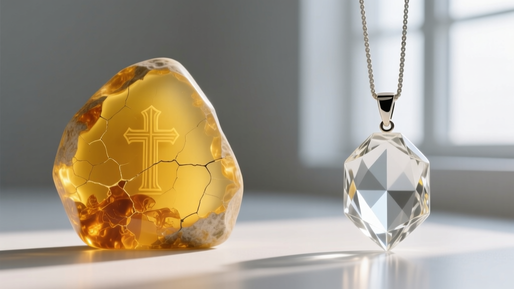 Side-by-side macro view of yellowed epoxy resin cremation stone next to a crystal clear borosilicate glass memorial pendant.