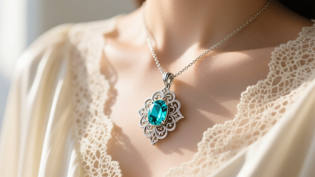 Silver filigree pendant with turquoise worn over cream lace, soft sunlight highlighting the vibrant blue gemstone details.