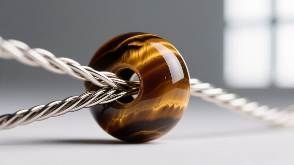 Macro shot of 49-strand nylon-coated stainless steel jewelry wire threading through a drilled 10mm natural tiger eye stone bead