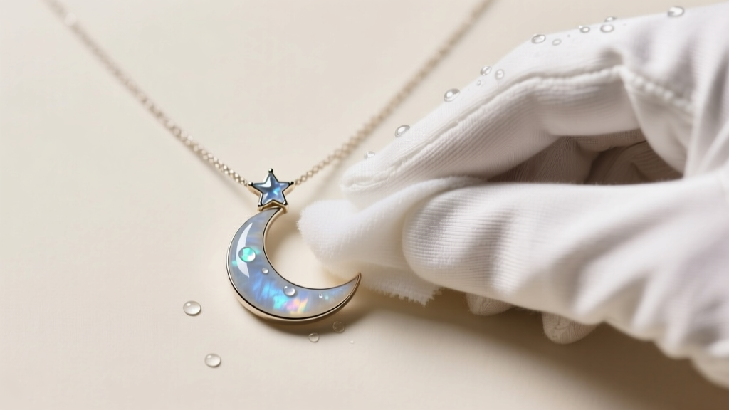 Moonstone in a crescent moon star necklace gently wiped with a damp microfiber cloth by a hand wearing a white cotton jewelry glove