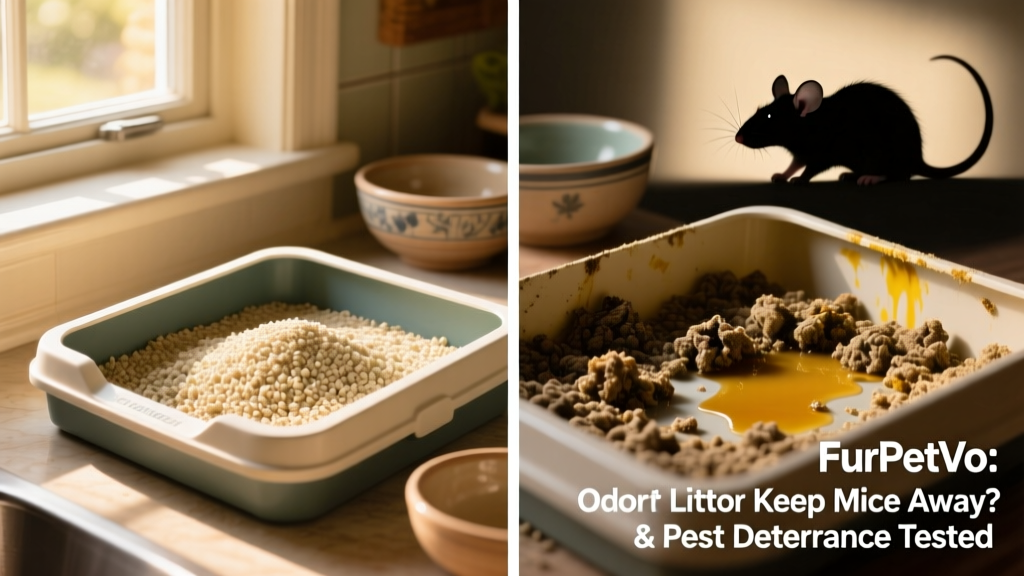 Side-by-side comparison: clean FurPetVo litter vs. used litter with visible urine clumps, highlighting the difference in odor intensity and deterrent potential