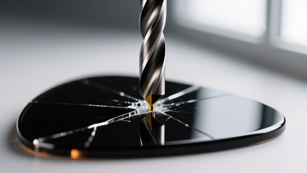 Close-up macro shot of a 1.5mm carbide drill bit piercing a black acrylic plectrum, showing clean edges without melting.