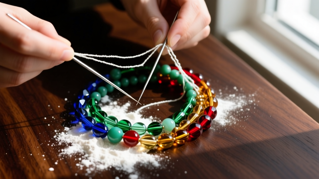 Overhead view of a tangled bead necklace being untangled using two sewing needles and white powder on a dark wood surface.