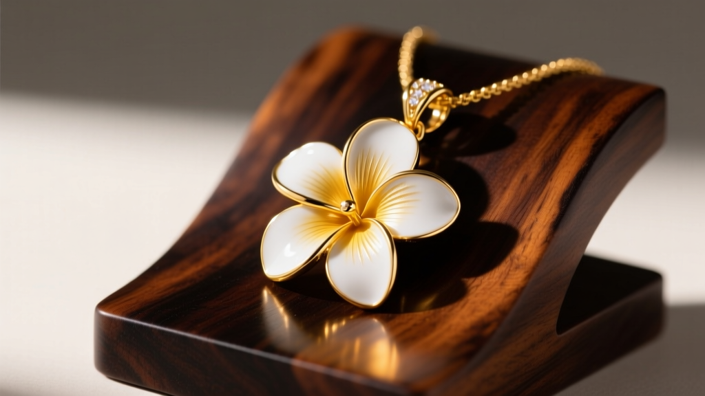 Elegant 14k yellow gold plumeria flower pendant with white cold enamel petals resting on a dark koa wood jewelry display stand.
