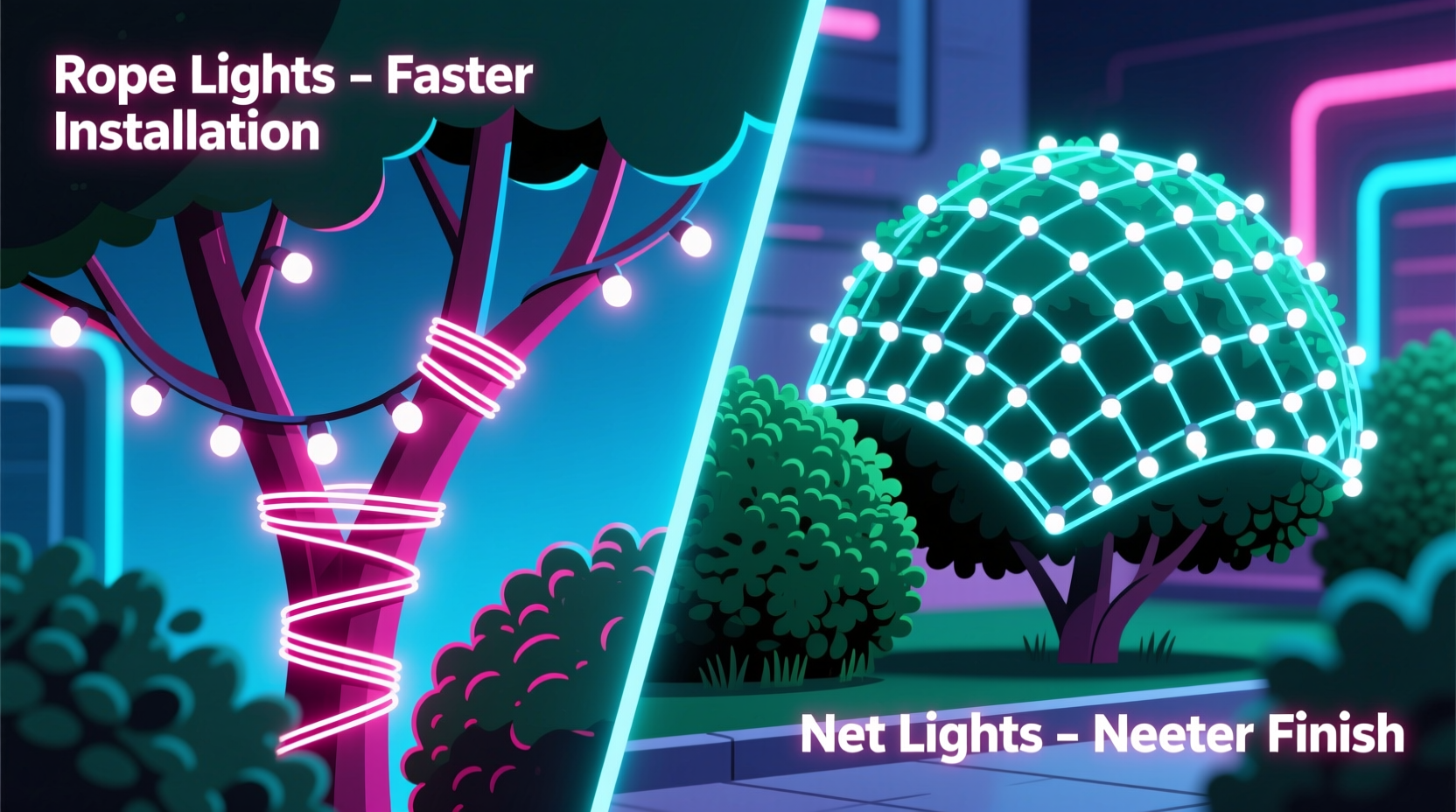 rope lights vs net lights for covering bushes which install faster and look neater