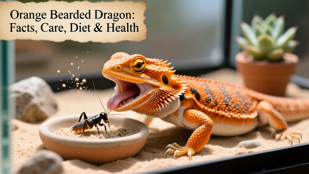 Close-up of an orange bearded dragon eating a dusted cricket on a shallow feeding dish inside its terrarium