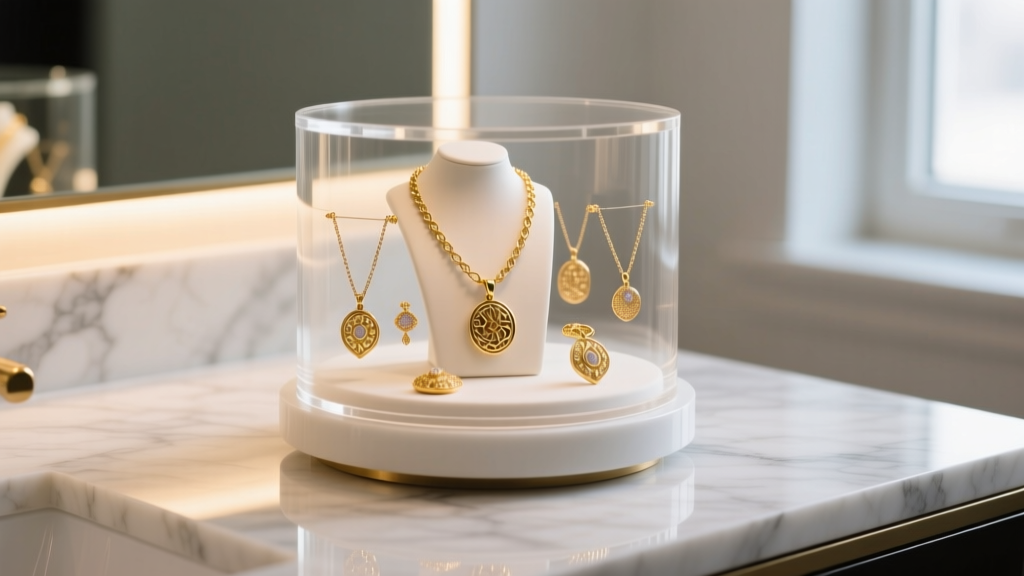 Close-up of a clear cast acrylic rotating jewelry display on a marble vanity, illuminated by warm LED lights, holding gold necklaces.