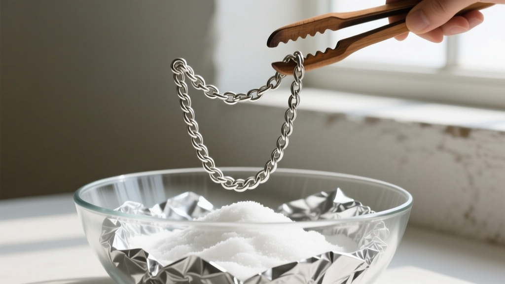 Tarnished sterling silver herringbone chain lifted with wooden tongs from a glass bowl lined with aluminum foil and baking soda.