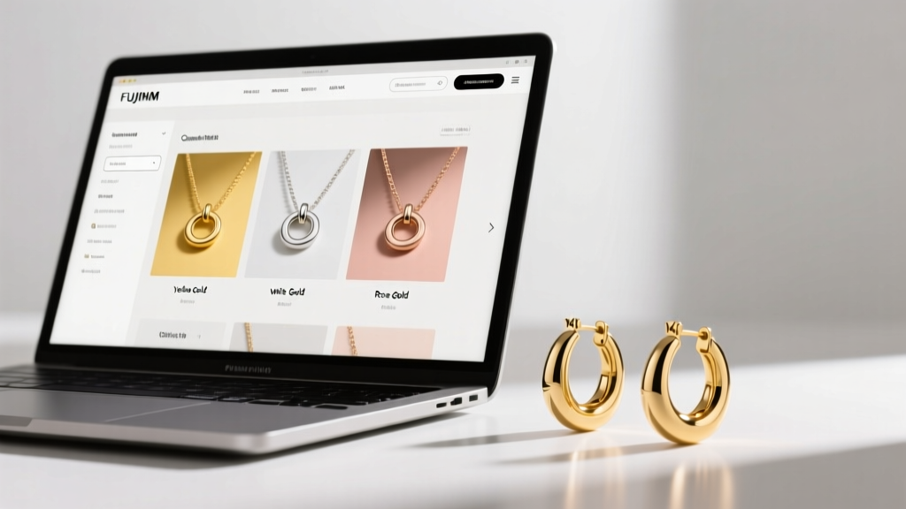 Laptop screen showing a jewelry website filter sidebar for metal types, resting beside a pair of polished 14k gold hoop earrings.