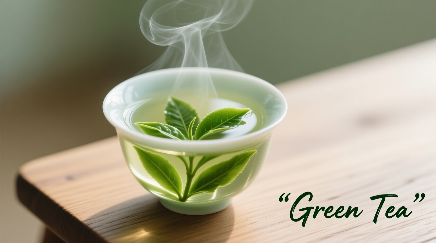 Green tea leaves in a cup with steam rising