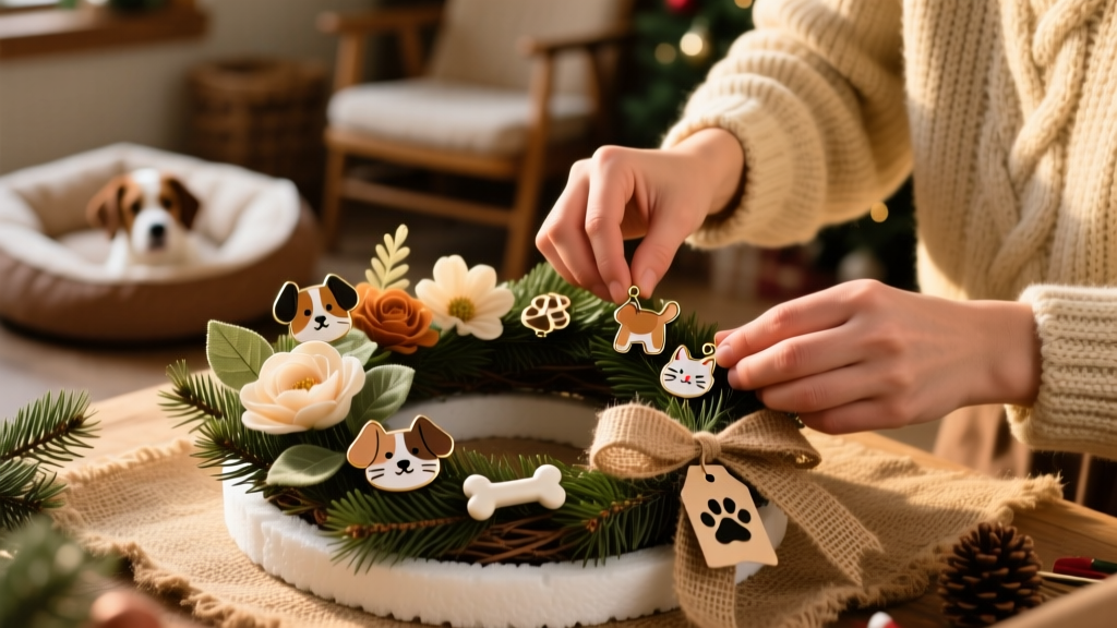 Close-up of hands arranging artificial flowers and ornaments on a pine-wrapped styrofoam wreath