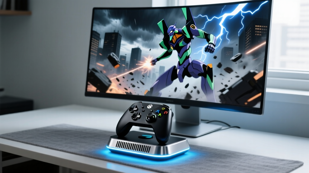 Evangelion EVA-02 wireless gaming controller resting on its illuminated charging dock next to a PC monitor displaying mecha anime.