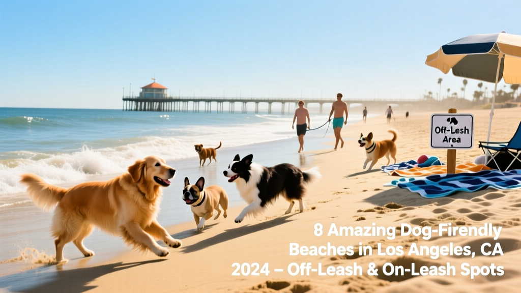 A sunny, sandy beach with several dogs playing near the water, some off-leash, under clear blue skies