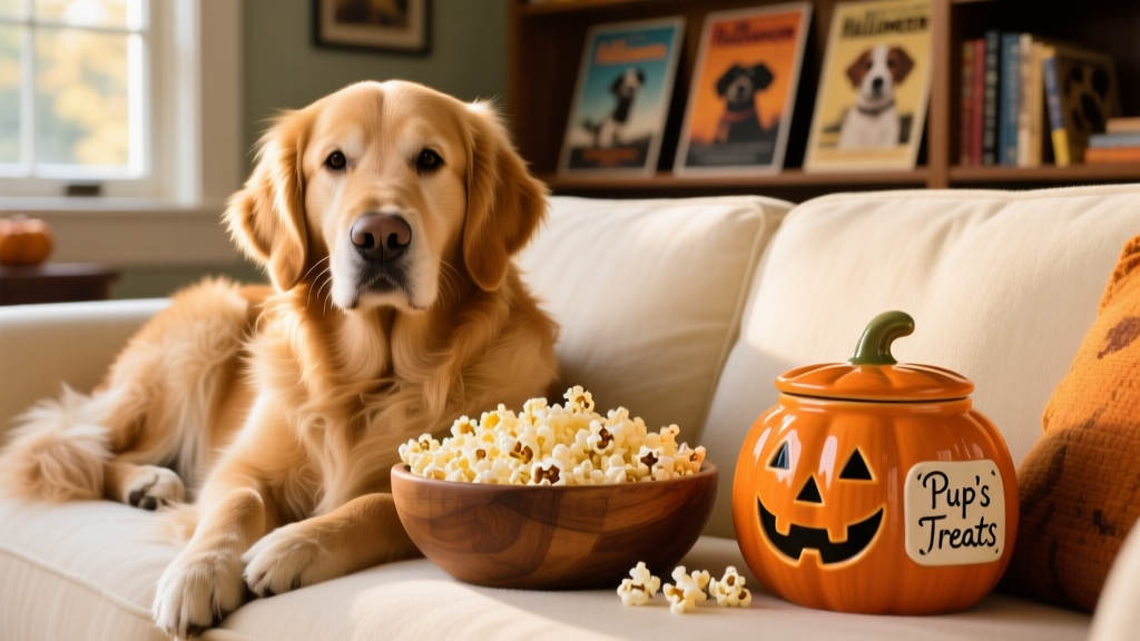 A golden retriever curled up on a sofa beside a bowl of popcorn and a pumpkin-shaped treat jar