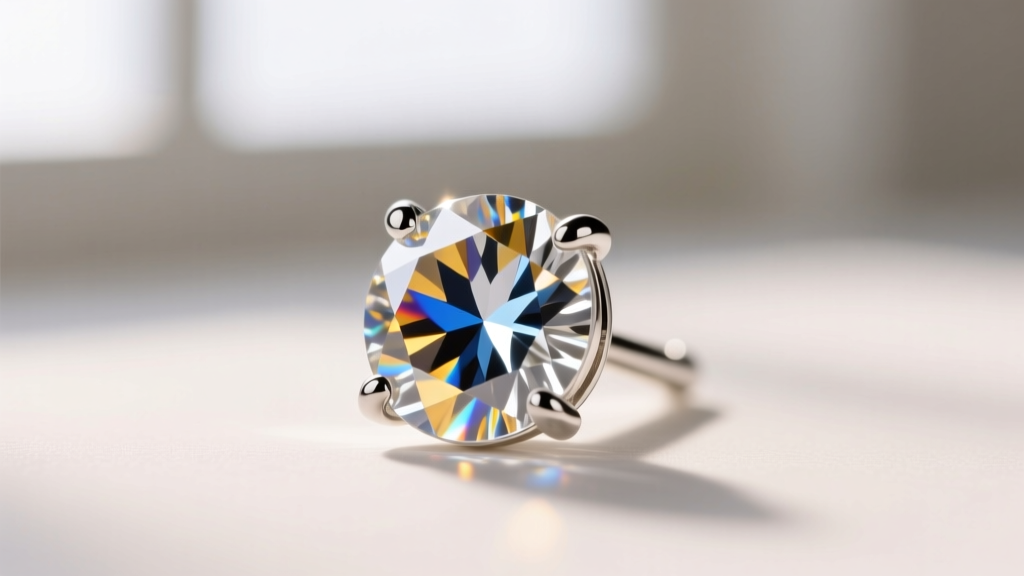 Close-up of a 1.5 carat round brilliant moissanite stud earring in a four-prong martini setting showing intense light dispersion.