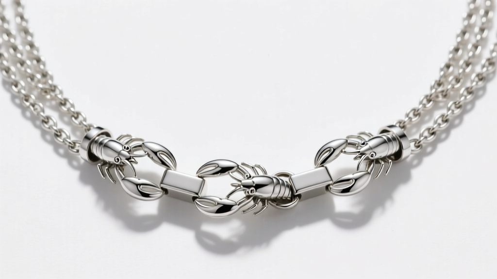 Top-down view of a sterling silver multi-strand necklace spacer bar with three lobster clasps on a clean white background.