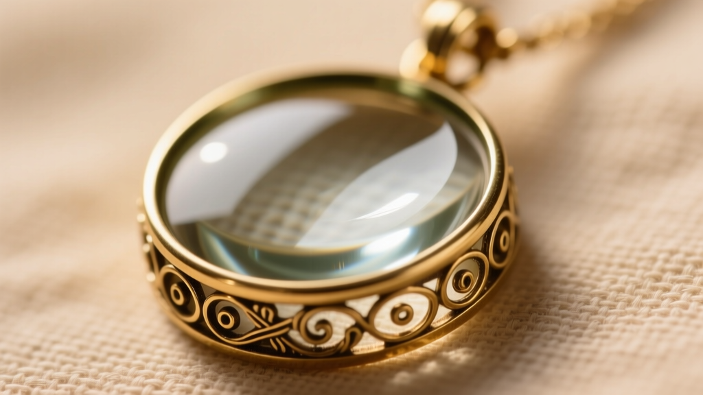 Macro shot of a vintage magnifying glass pendant bezel showing intricate filigree brass detailing and a thick optical glass lens
