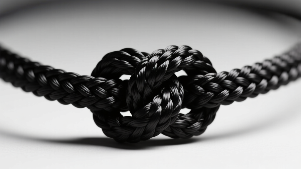 Macro shot of a macrame sliding knot mechanism on a black polyester cord necklace, highlighting the tension and weave of threads.