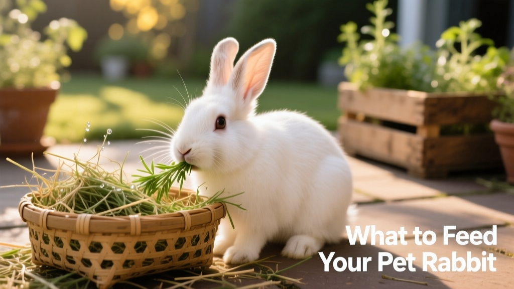 Rabbit nibbling fresh timothy hay from a woven basket