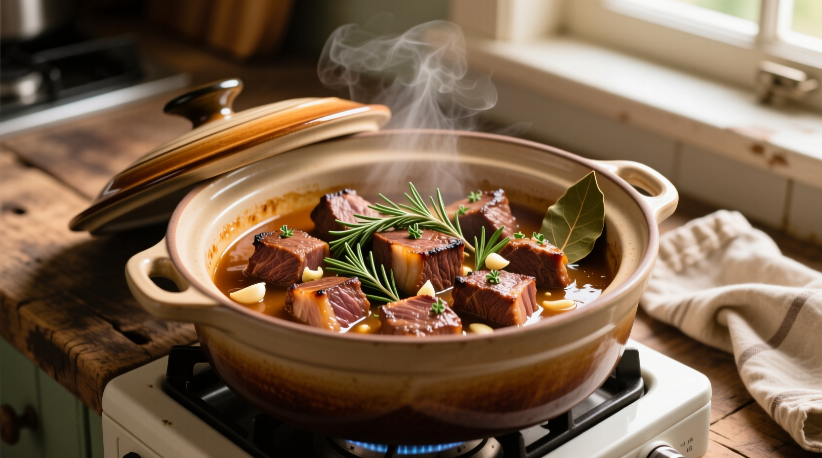 Golden brown steak bites in slow cooker with garlic and herbs