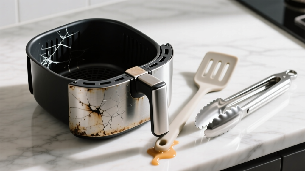 Scratched non-stick air fryer basket next to melted nylon spatula and pristine platinum-cure silicone tongs on quartz countertop
