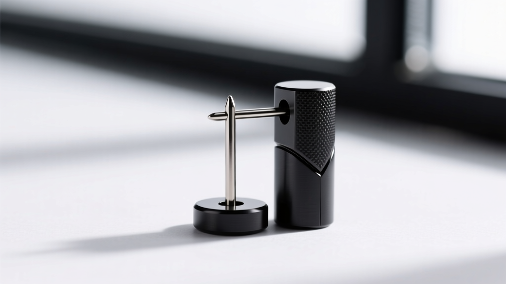 Macro shot of an ASTM F-136 titanium threadless push-pin earring with a matte black finish, designed for active sports safety.