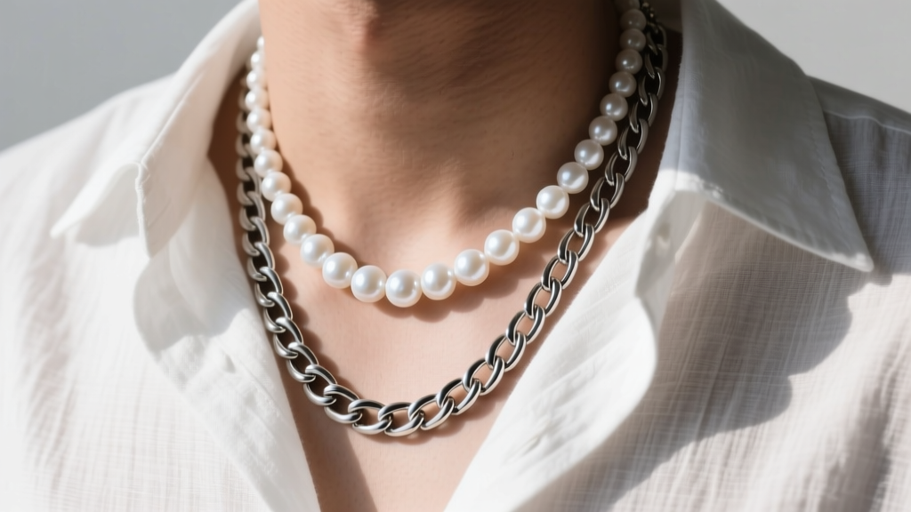 Layered mens necklaces featuring a 7mm white Akoya pearl strand and a silver cuban link chain over an open white linen shirt