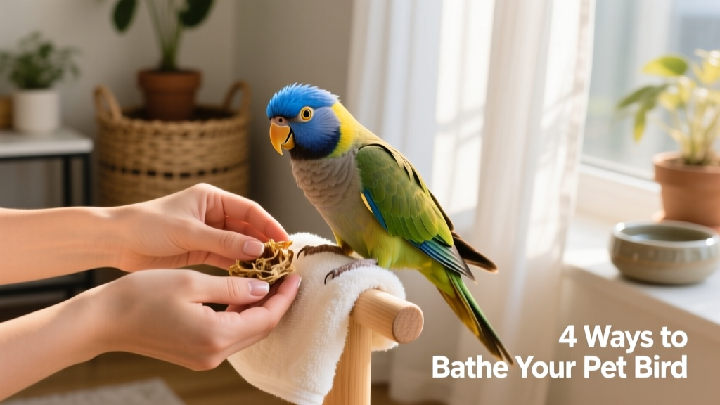 A pair of hands carefully placing a freshly dried, contented blue-crowned conure onto a soft cotton towel-lined perch in a sunlit room