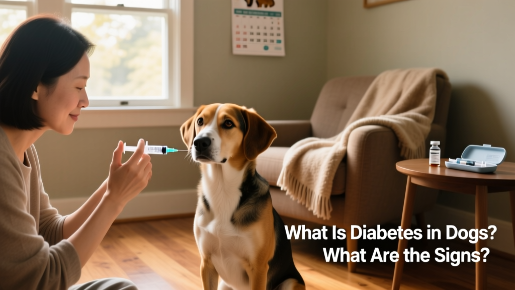 A pet parent carefully administering an insulin injection to their calm, seated dog using a veterinary-approved syringe