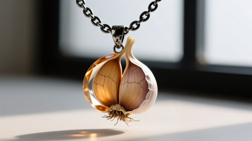 Macro shot of a real garlic necklace with a dried clove in clear resin, hanging from a dark oxidized silver chain.