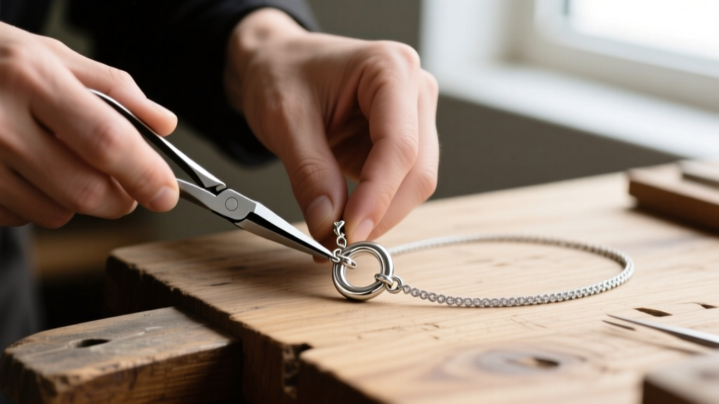 Jeweler hands using pliers to adjust a figure-8 safety catch on a silver drape necklace clasp, resting on a wooden workbench.