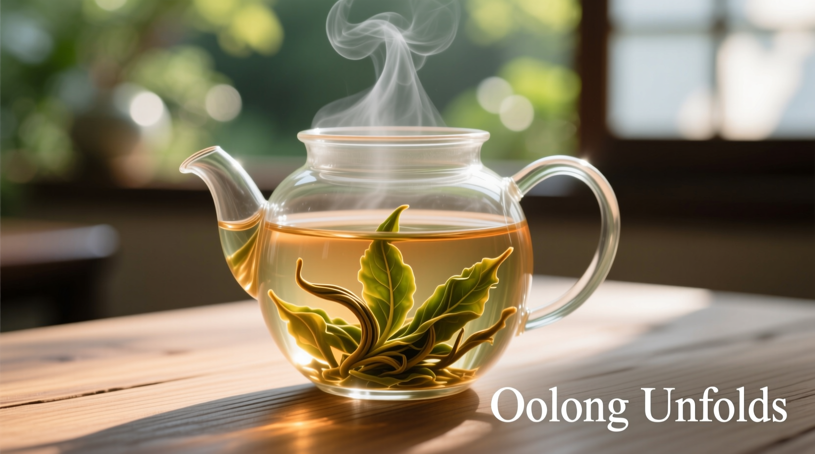 Oolong tea leaves unfurling in glass teapot