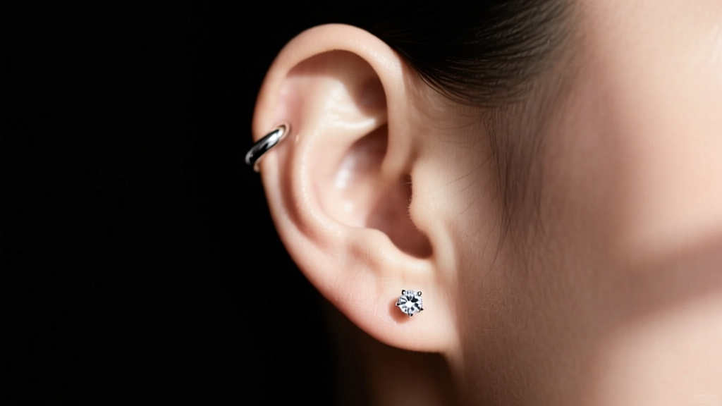 Side profile of an ear featuring a lobe wrap, a diamond stud, and a small huggie hoop against a dark backdrop.