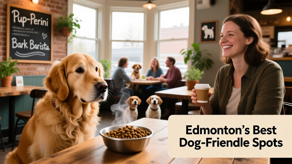 A dog looking at some food in a dog-friendly restaurant in Edmonton.
