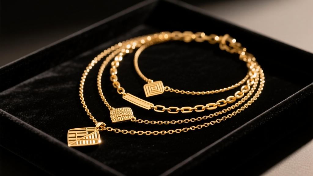 Close-up of layered gold-plated brass fashion necklaces resting on a dark velvet display tray under warm, directional studio lighting
