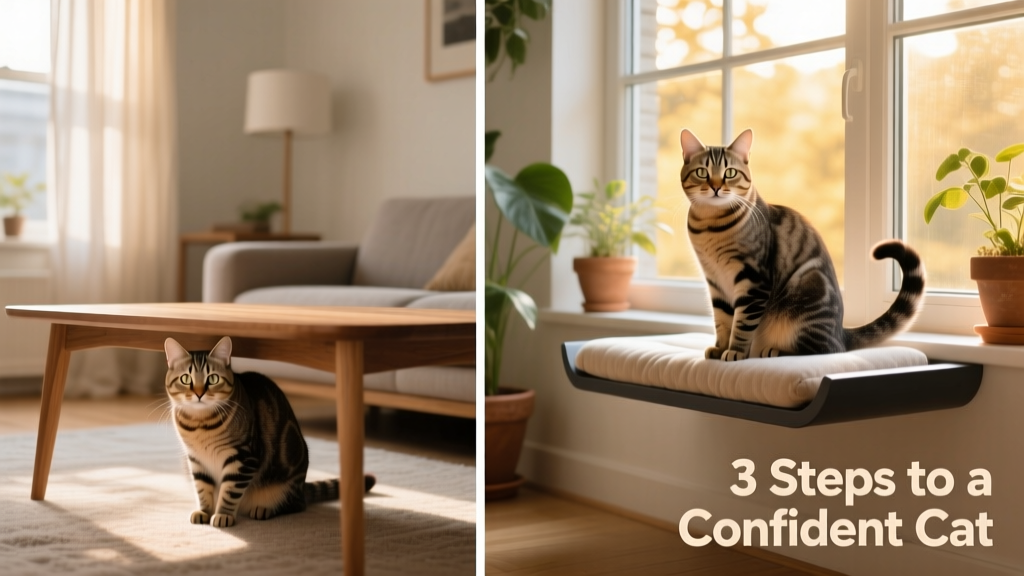 Side-by-side photos showing a timid cat under furniture versus the same cat later, sitting calmly on a FurPetVo window perch