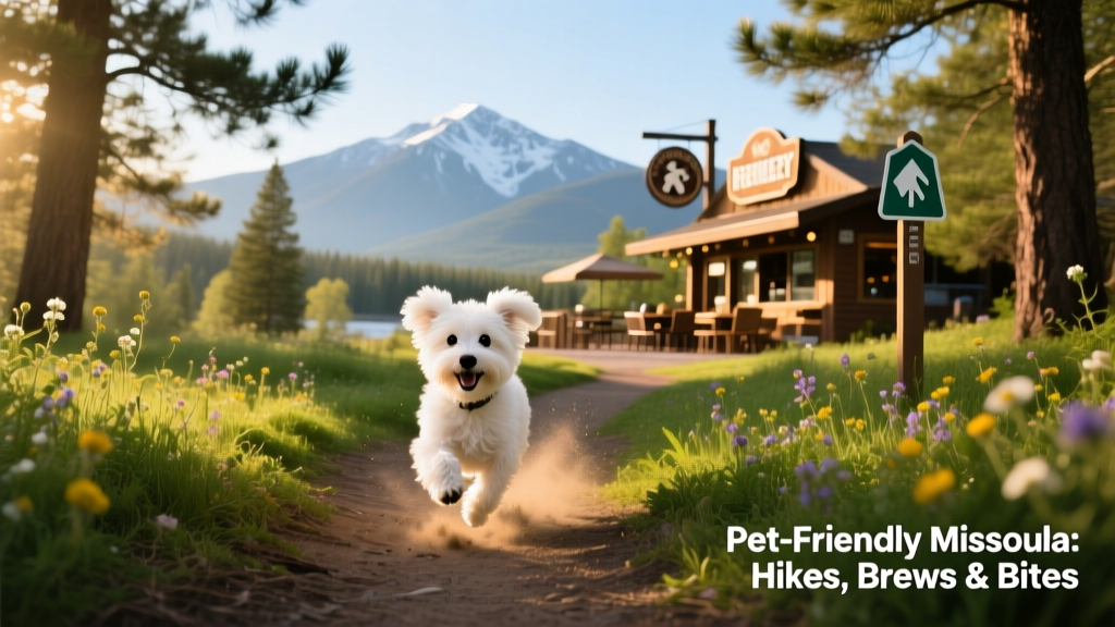 Small white dog running along a green trail with mountains in the background