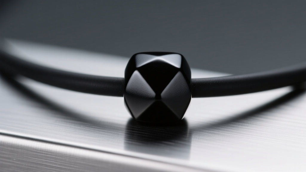 Macro shot of a matte black medical-grade silicone necklace bead resting on brushed steel under bright, clinical laboratory lighting.