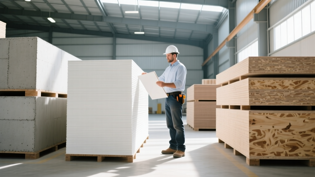 Contractor comparing a stack of standard white gypsum drywall panels with cement board and plywood sheets in a well-lit commercial lumber yard