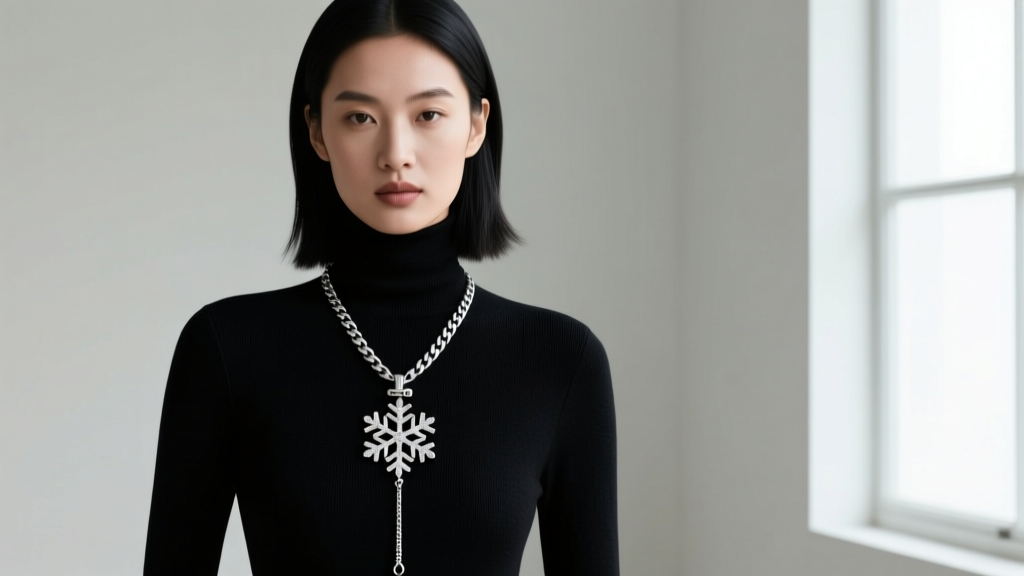 Model wearing a chunky Uno de 50 snowflake necklace over a black turtleneck, showing the 18-inch adjustable drop length and clasp.