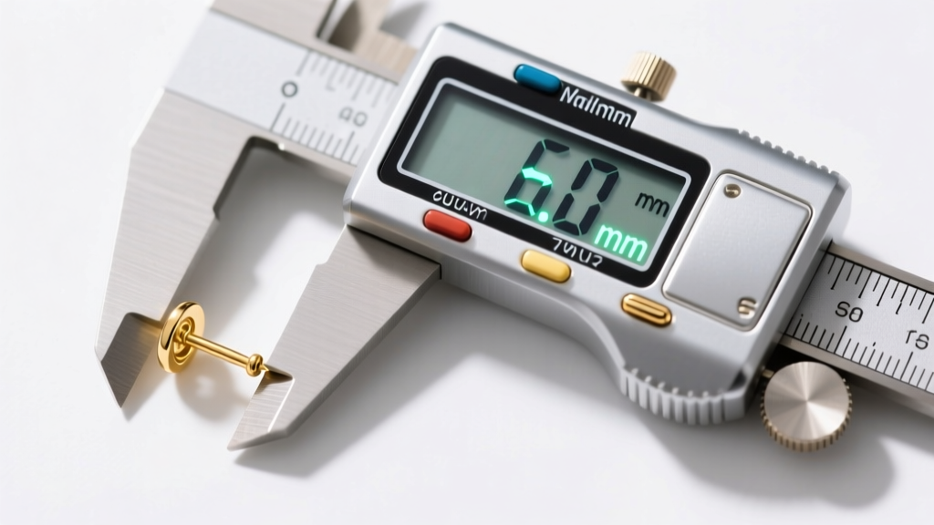 Top view of a digital caliper measuring a gold earring post, with the screen displaying exactly 6.0 mm on the bright LCD display