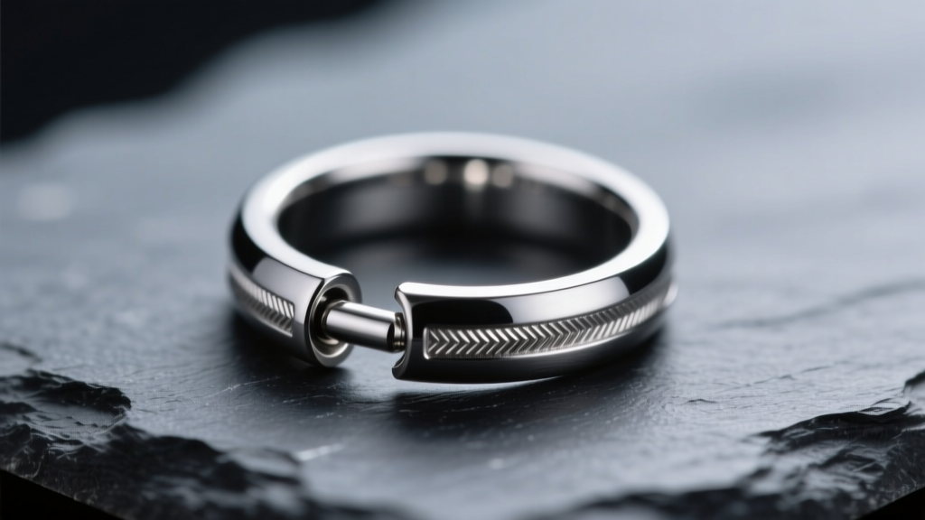 Macro shot of an implant-grade titanium septum clicker ring with a subtle hinge resting on dark slate under soft studio lighting