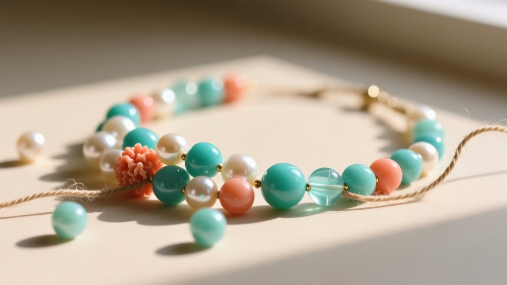 Close-up of a broken multicolored beaded necklace with turquoise, coral, and pearl beads spilling from frayed nylon thread