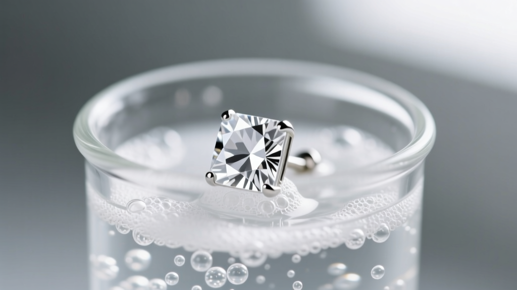 Cloudy white CZ stud earring submerged in foaming jewelry cleaner inside a small glass beaker, close-up macro photography.