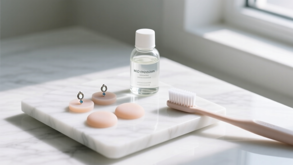 Flat lay of replacement silicone earring pads, mild jewelry cleaner, and a soft-bristled toothbrush on a white marble surface.