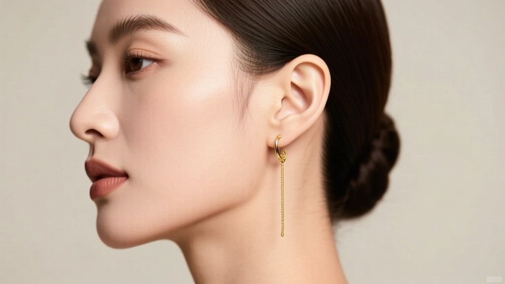 Side profile of woman wearing lightweight gold threader earrings, demonstrating proper lobe support without visible ear sagging