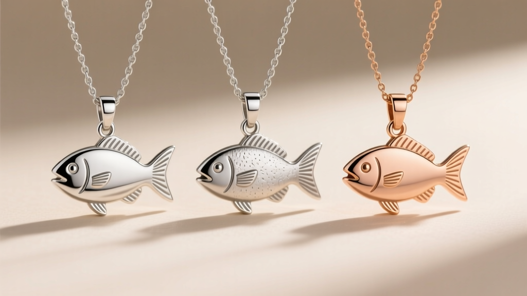 Three Jesus fish pendants side-by-side in 925 silver, 316L steel, and 14k rose gold, showing distinct metal finishes and textures.